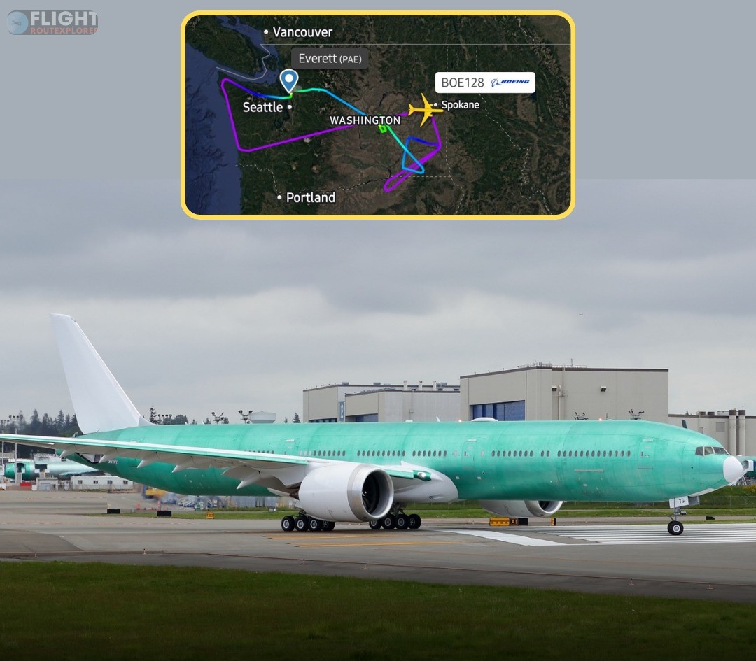 Lufthansa’s Production Boeing 777-9 Flies For The First Time Today, Still Seen In Standard Green Protective Coating