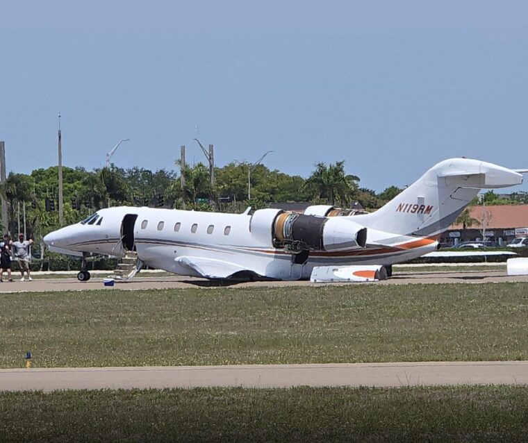 A Cessna 750 Citation X Makes Belly Landing With Left Main Gear Up At Page Field Airport, FL No Injuries Reported.