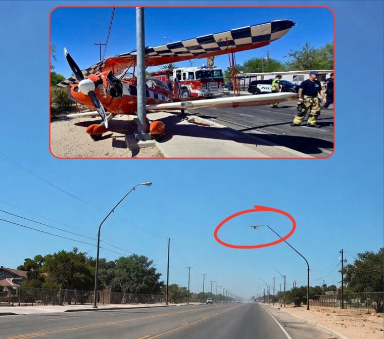A Small Plane Hits Light Pole While Making Emergency Landing On Tucson Road, AZ. No Injuries Reported.
