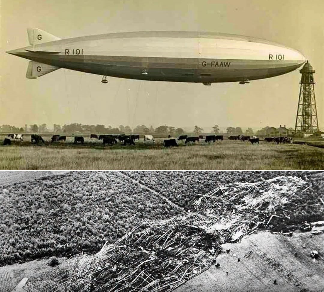 On This Day In 1930: Britain’s prestigious R101 crashed in its maiden flight, loss in forward lifting gas caused nose dive. The hillside crash ignited hydrogen destroying entire airship an killing 48.