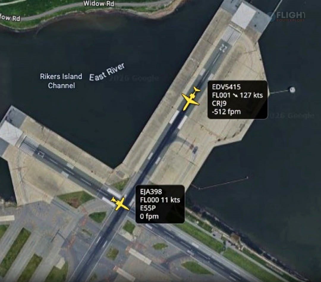 Two Aircraft Within 1,000 Feet During Dangerous Runway Close Call. Delta Flight Forced to Abort Landing at LaGuardia After Business Jet Reportedly Takes Off Without Clearance.